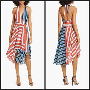 NWT Alice & Olivia Canton Mix Stripe Halter Neck Handkerchief Hem Silk Dress
